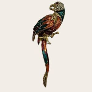 Gold-Tone Parrot Brooch With Multicolor Enamel & Rhinestone Accents